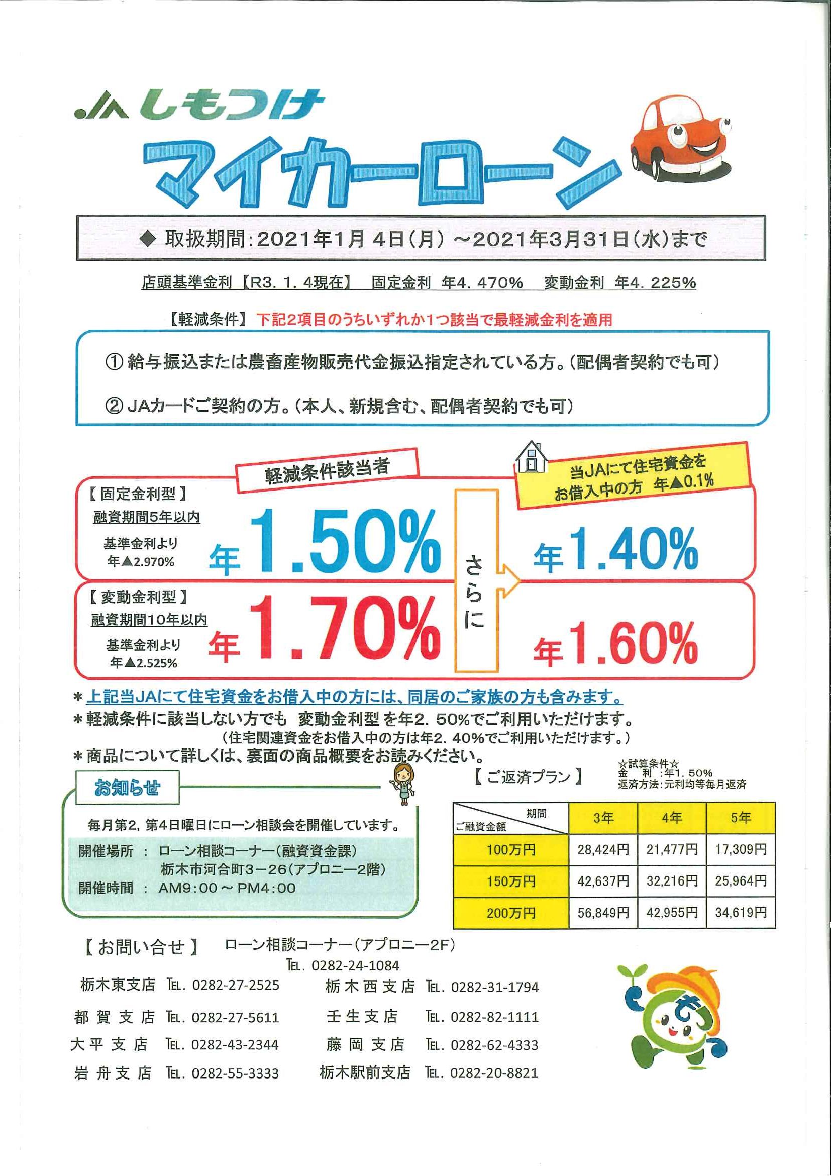 お車の購入 車検 免許取得費用等にも ｊａマイカーローン お知らせ Jaしもつけ 下野農業協同組合